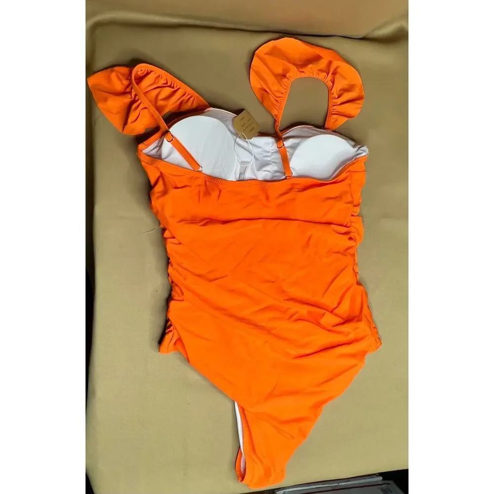Hilinker Orange Ruffle Shoulder One Piece Swim Suit L NWT